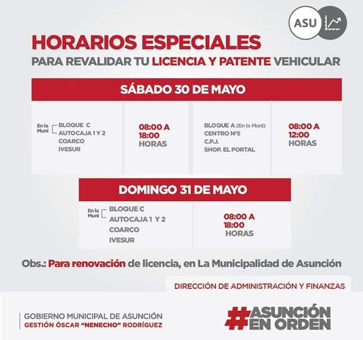 Horario especial en la Municipalidad de Asunción para revalidar licencias de conducir