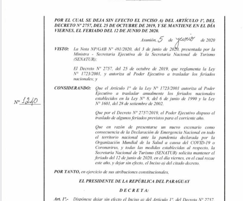 Feriado de la Paz del Chaco quedará en el 12 de junio