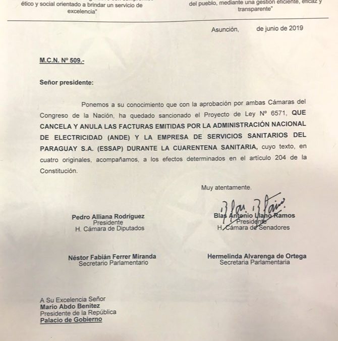 Senado sanciona ley que cancela facturas de ANDE y Essap de marzo a agosto