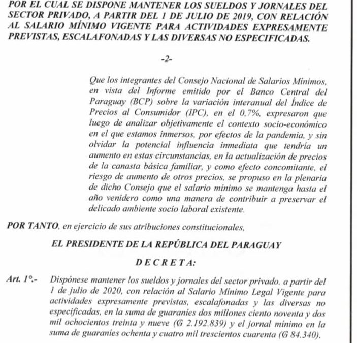 Ejecutivo establece que este año no habrá aumento de salario mínimo debido a pandemia