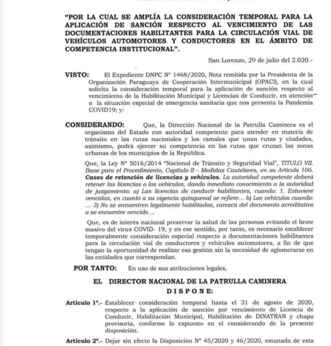 Patrulla Caminera extendió hasta el 31 de agosto sanciones por documentos vencidos