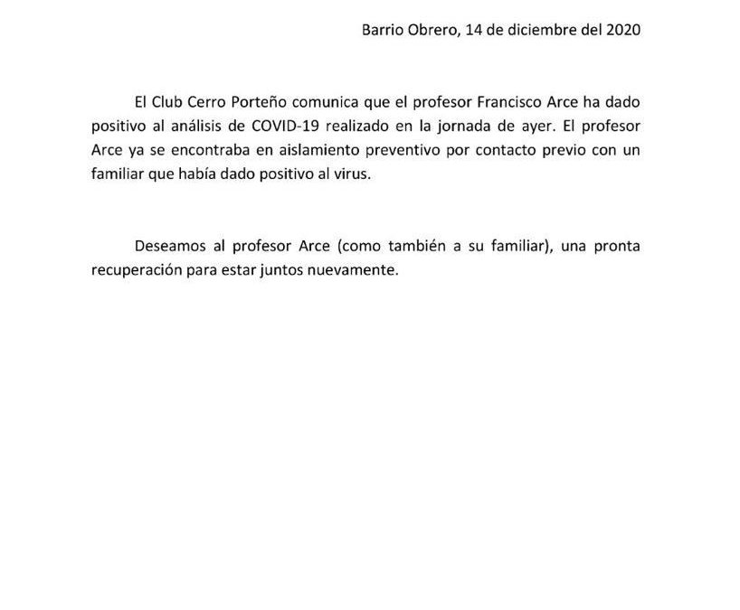 Cerro Porteño: “Chiqui” Arce dio positivo al coronavirus
