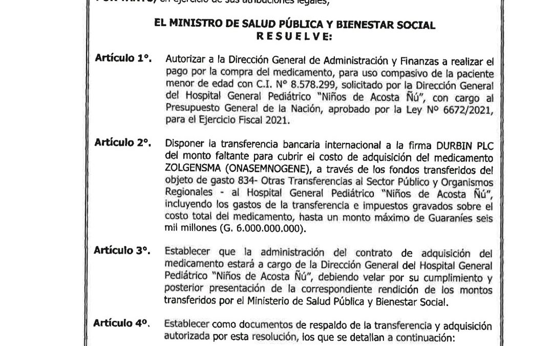 Gobierno autoriza compra de medicamento Zolgensma para Bianca