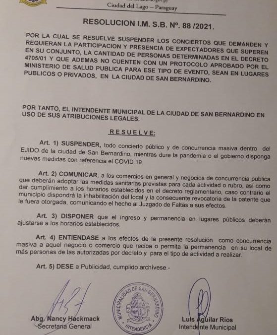 Municipalidad de San Bernardino prohíbe conciertos