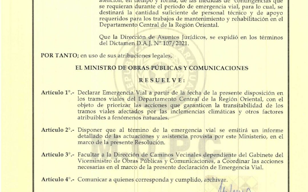 Declaran emergencia vial en Central