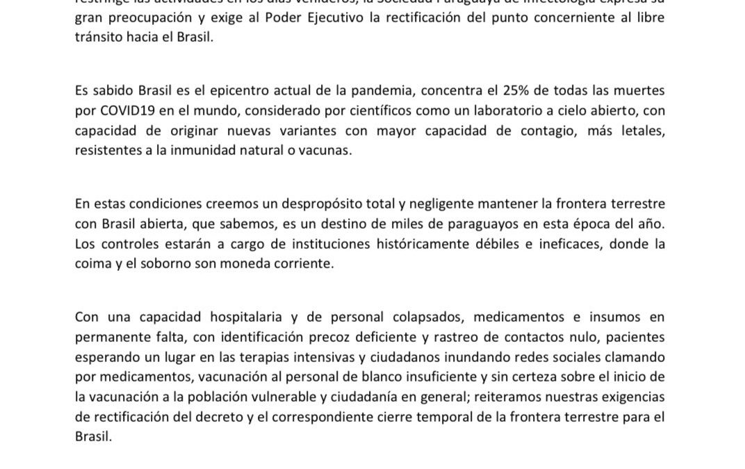 Sociedad de Infectología exige al Gobierno cerrar la frontera con Brasil