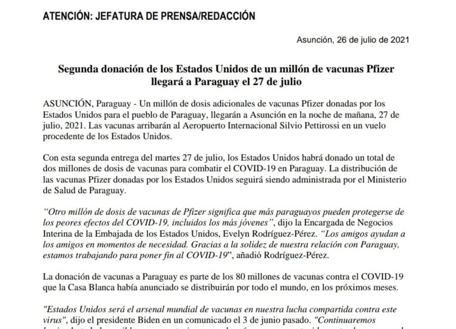 Este martes arribará al país un nuevo lote de vacunas donadas por EE.UU.