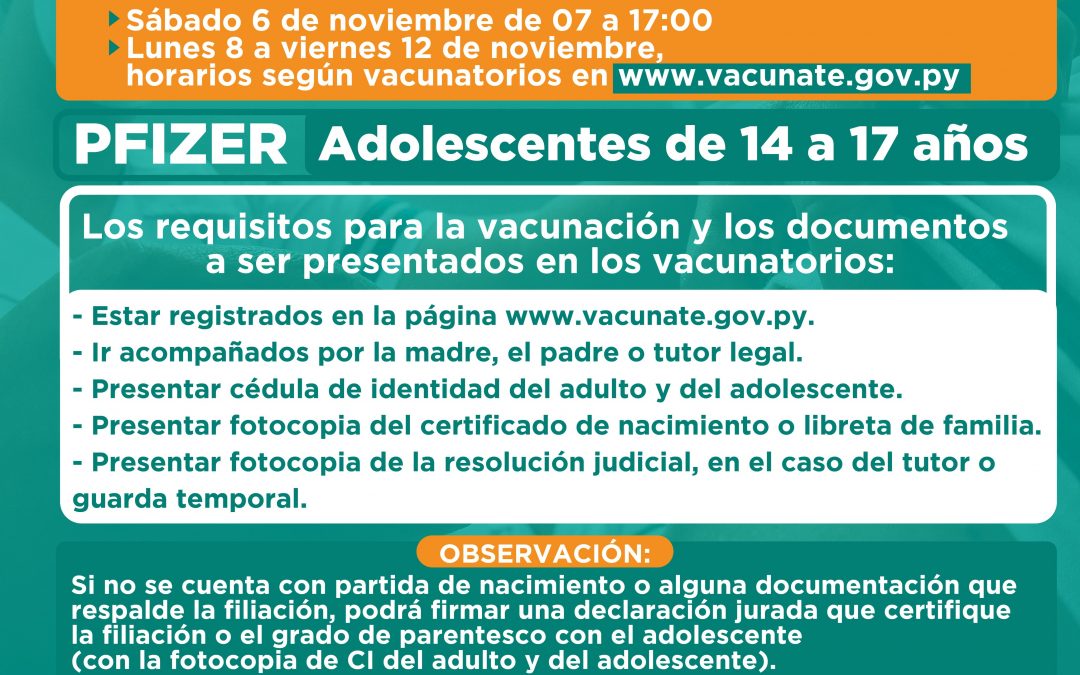 Inmunización anticovid a adolescentes de 14 años en adelante prosigue este lunes