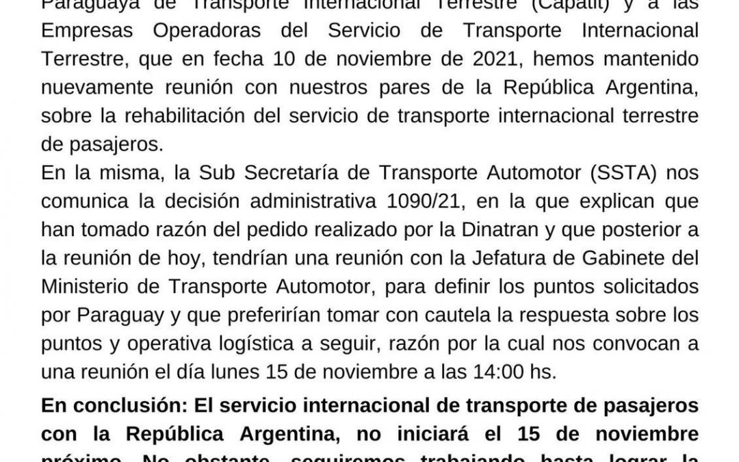 Servicio internacional de transporte no se reanudará el 15 de noviembre