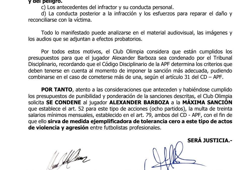 Reacción de Barboza contra Paiva: Olimpia pide máxima sanción para el liberteño