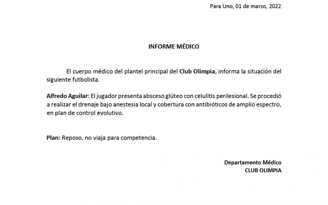 Olimpia: Aguilar no viaja a Medellín para el juego ante Atlético Nacional