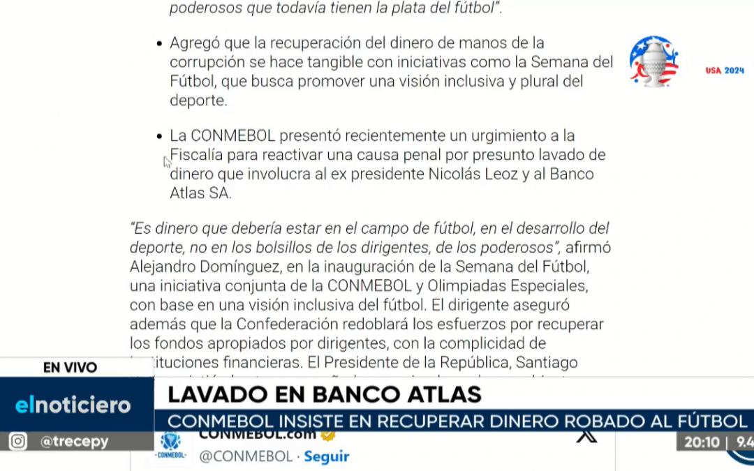 Lavado en Banco Atlas: Conmebol insiste en recuperar dinero del fútbol